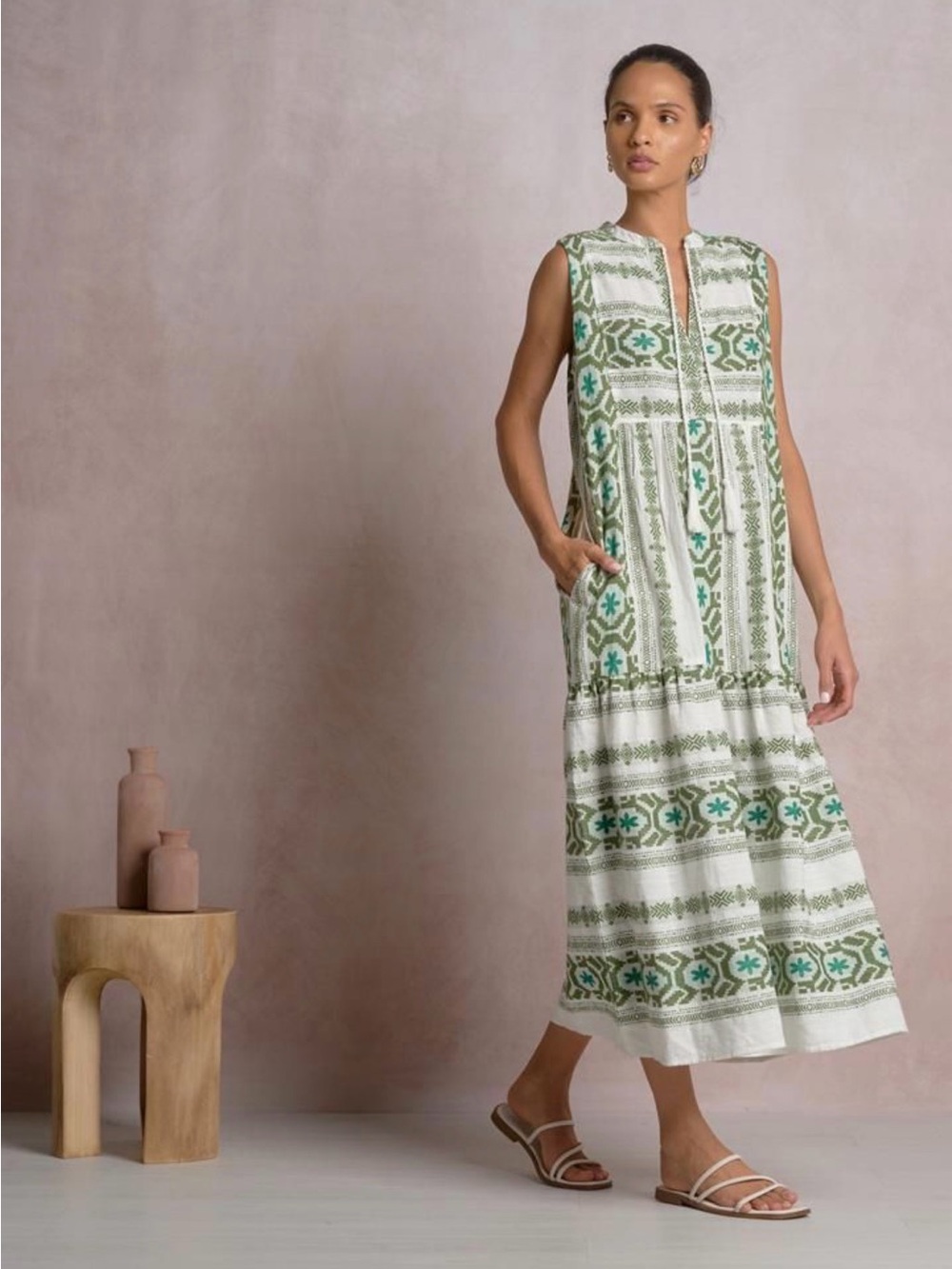 Elan Sleeveless White Maxi Dress with Green Patterned Embroidery